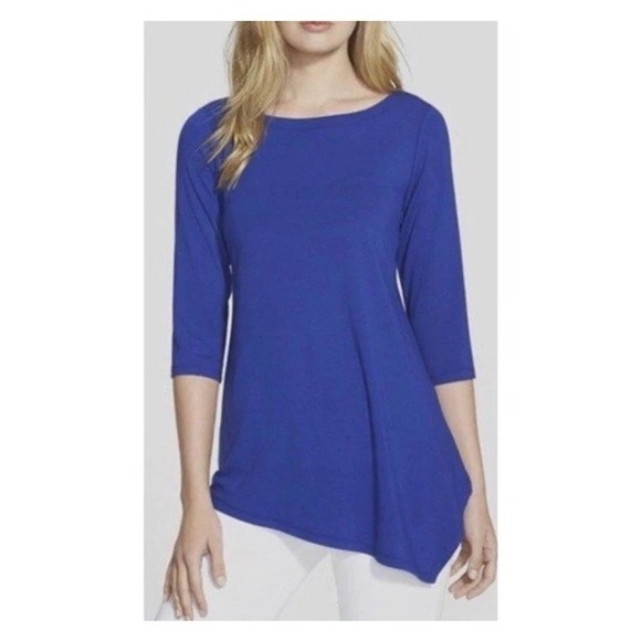 Eileen Fisher Scoop Neck 3/4 Sleeve Asymmetrical Hem Top Women Sz XS Blue - Picture 1 of 7